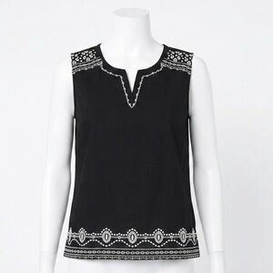 Talbots Embroidered Split Neck Sleeveless Shell Top Black White Size XL